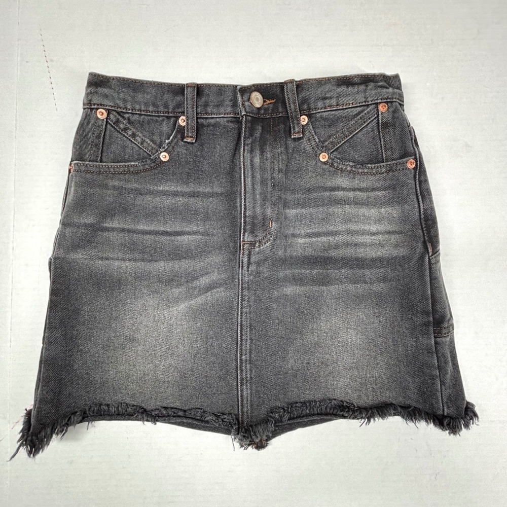 PISTOLA Distressed Black Denim Mini Skirt 26 Frayed Hem‎ Faded Western Indie EUC